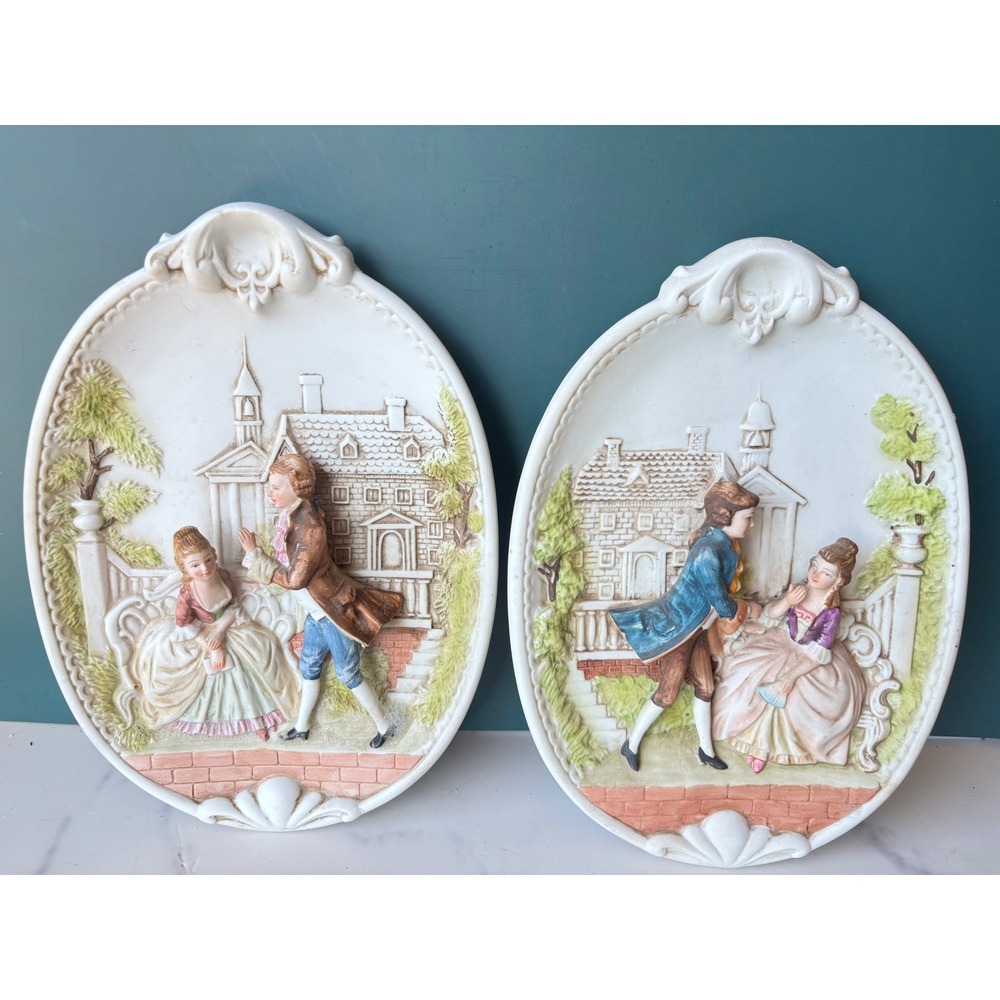 Vintage Lefton China 3D Courting Couple Wall Plaques KW8219 Hand Painted Set 2